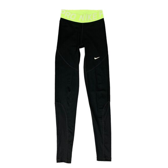 Nike Leggings Womens XS Extra Small Black Dri Fit Pull On Mesh Panel Logo Waist - Picture 1 of 12